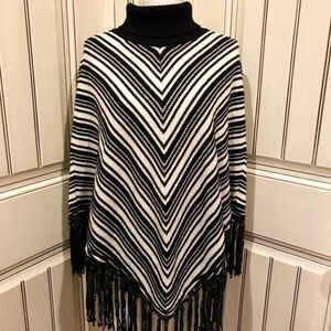 Dana Bachman black ivory white  Leather guede fringe poncho turtleneck shrug